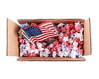 0.60 cu ft FunPak Mini Plant Based Biodegradable Packing Peanuts<br><font color=blue>Red, White, Blue Stars</font>