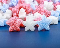 0.60 cu ft FunPak Mini Plant Based Biodegradable Packing Peanuts<br><font color=blue>Red, White, Blue Stars</font>